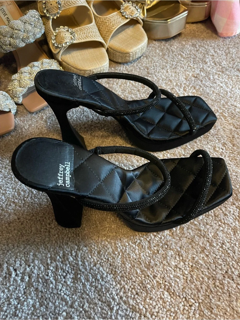 Jeffrey Campbell Black Quilted Platform Strappy Sandal with Rhinestone Straps